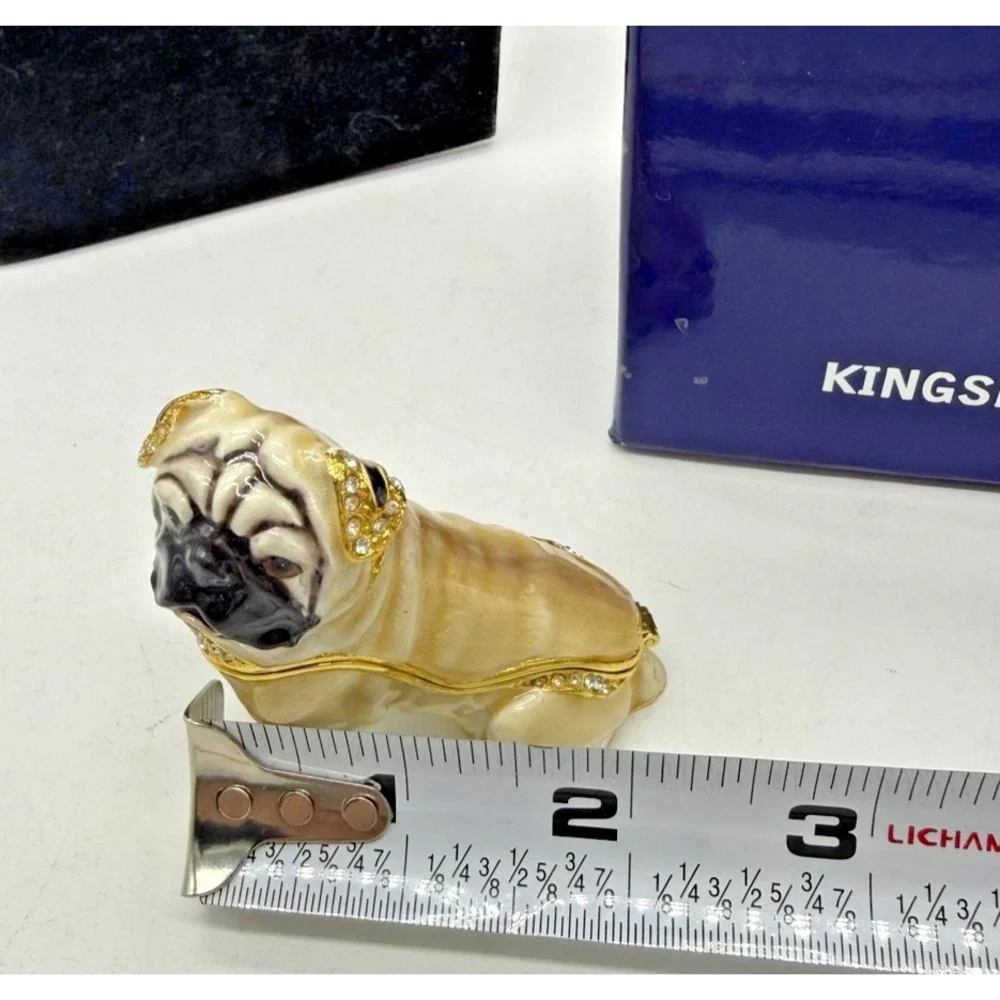 Kingspoint Designs Pug Trinket Box Necklace Rhinestone Pewter Dog Gift Set Boxed
